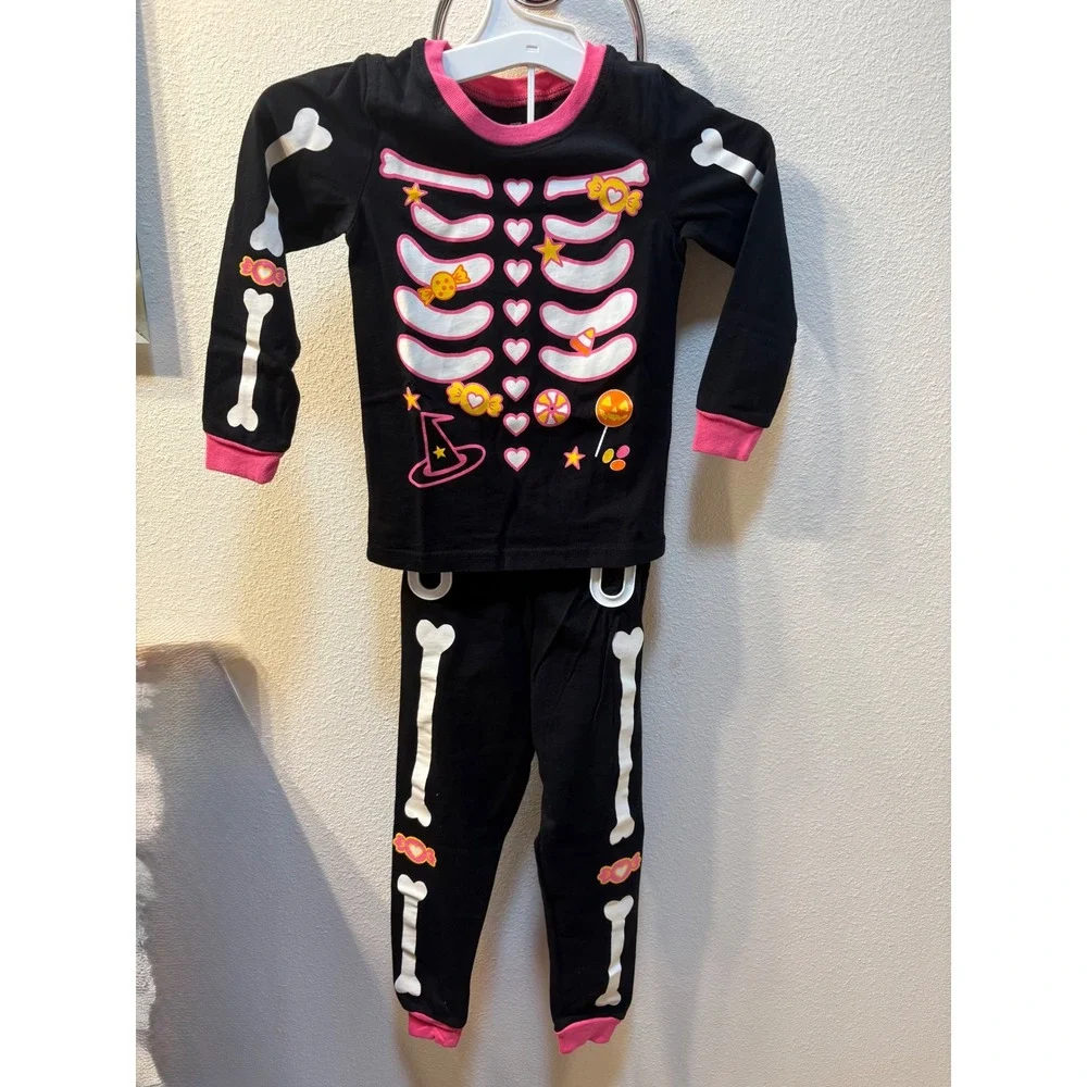 Skeleton Halloween Pajama Set Black Pink Candy Bones 3Y 2 Piece PJ Set